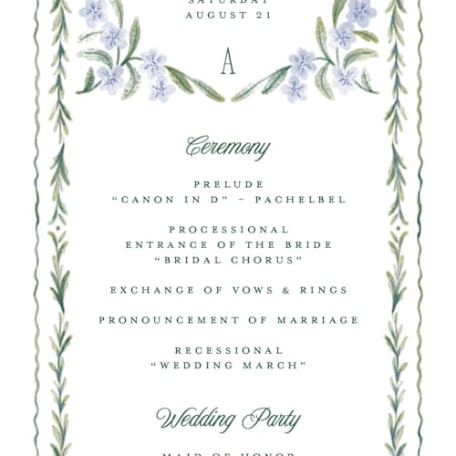 This is a wisteria unique wedding programs with standard by Jenna Holcomb called vintage sketched printing on signature in 4x9