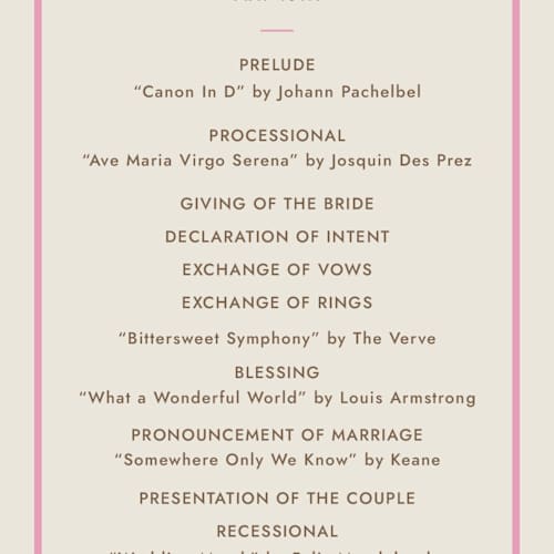 This is a fragola unique wedding programs with standard by Megan Davis called bocce printing on signature in 4x9
