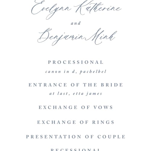 This is a twilight whisper unique wedding programs with standard by Design Lotus called close to my heart printing on signature in 4x9
