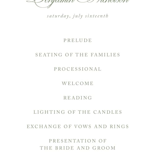 This is a garden unique wedding programs with standard by Kelly Schmidt called chic script printing on signature in 4x9