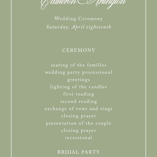 This is a garden unique wedding programs with standard by Kelly Schmidt called greenwood printing on signature in 4x9