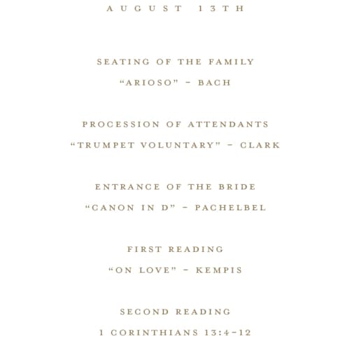 This is a golden unique wedding programs with standard by Stacey Meacham called classic decorum printing on signature in 4x9