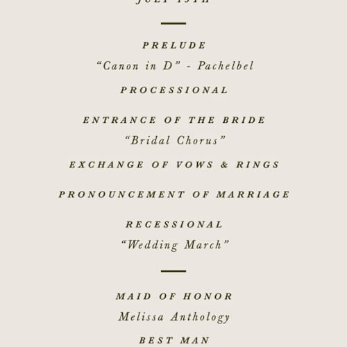 This is a almond unique wedding programs with standard by Olivia Kanaley Inman called blockprint printing on signature in 4x9