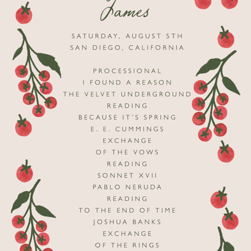 This is a tomato unique wedding programs with standard by Katharine Watson called cherry tomatoes printing on signature in 4x9