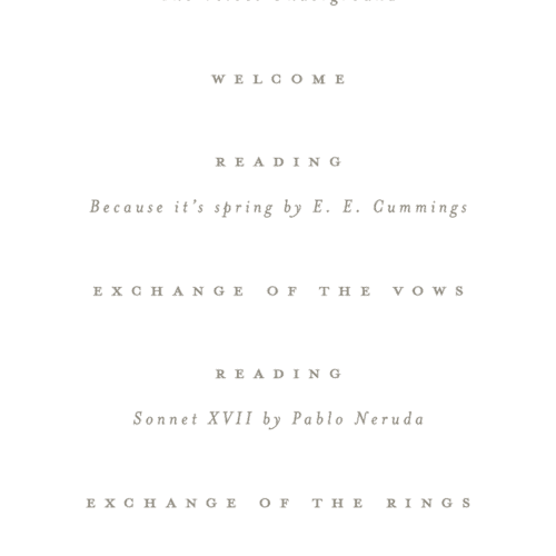 This is a cloud unique wedding programs with foil pressed by Ana Sharpe called clarity printing on signature in 4x9