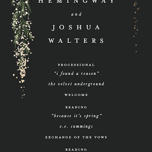 This is a tuxedo unique wedding programs with foil pressed by Leah Bisch called winter garland printing on signature in 4x9