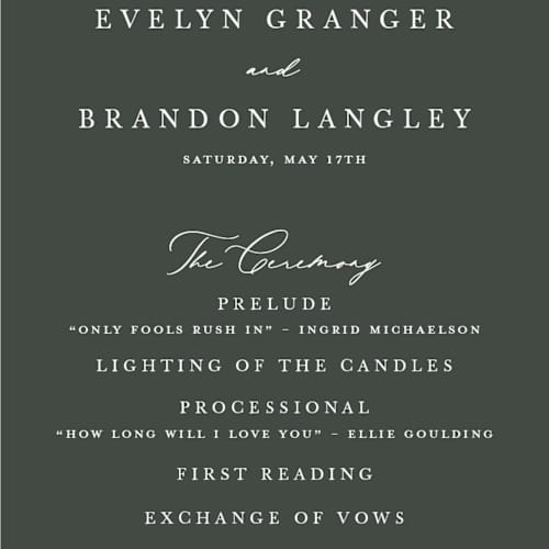 This is a hunter unique wedding programs with foil pressed by Sarah Brown called peaks printing on signature in 4x9