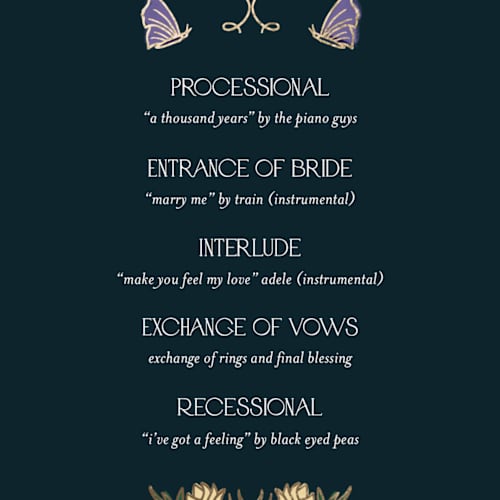 This is a midnight garden unique wedding programs with foil pressed by Simona Camp called gilded tapestry printing on signature in 4x9