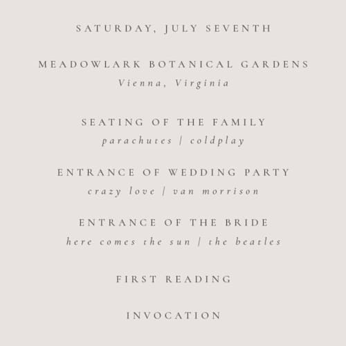This is a luxe neutral unique wedding programs with foil pressed by Design Lotus called forever and a day printing on signature in 4x9