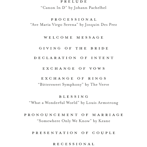 This is a sugar unique wedding programs with foil pressed by Jessica Williams called idyllic printing on signature in 4x9