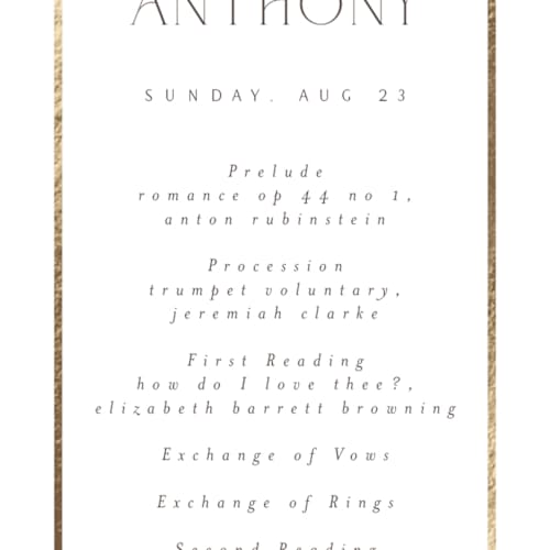 This is a porcelain unique wedding programs with foil pressed by Nicole Walsh called regal printing on signature in 4x9