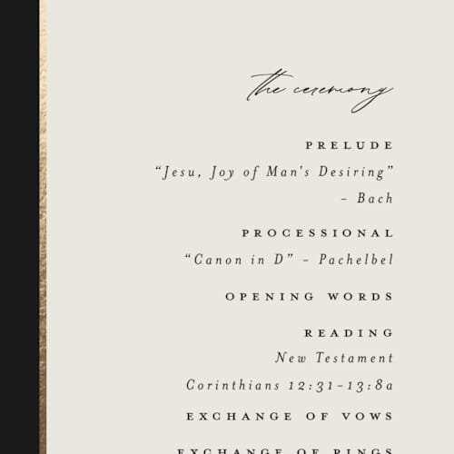 This is a black tie unique wedding programs with foil pressed by Carolyn Nicks called tuxedo printing on signature in 4x9