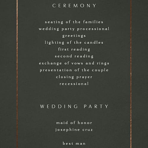 This is a ivy unique wedding programs with foil pressed by Kelly Schmidt called quince printing on signature in 4x9