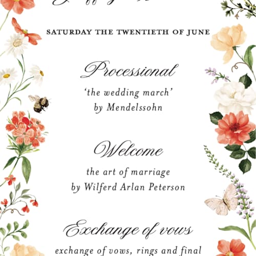 This is a verona sunset unique wedding programs with foil pressed by Sarah Knight called fleur printing on signature in 4x9