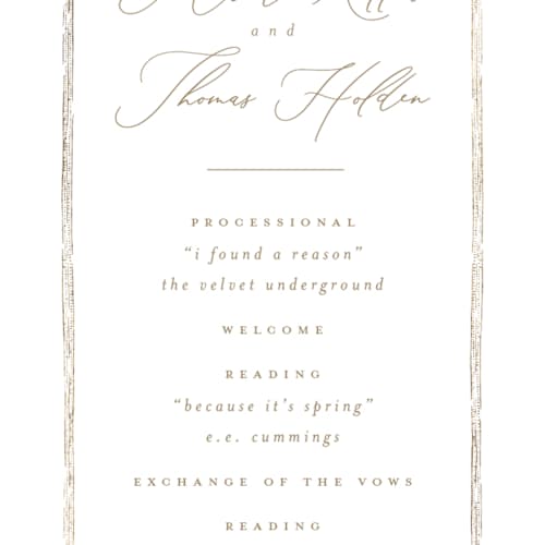 This is a porcelain unique wedding programs with foil pressed by Leah Bisch called reflection printing on signature in 4x9