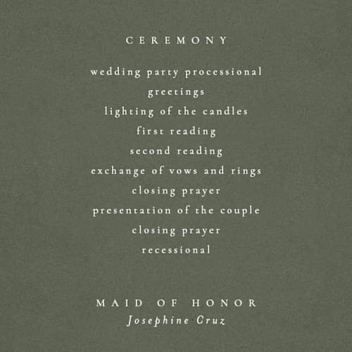 This is a moss unique wedding programs with foil pressed by Kelly Schmidt called leaves printing on signature in 4x9