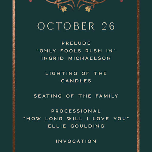This is a deep sea unique wedding programs with foil pressed by Erin German called autumnal arch printing on signature in 4x9