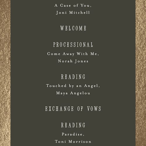 This is a graphite unique wedding programs with foil pressed by Everett Paper Goods called hillside printing on signature in 4x9
