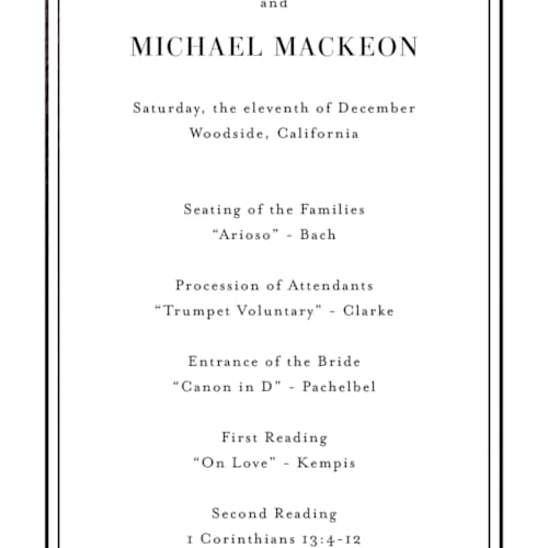 This is a cotton unique wedding programs with foil pressed by Jennifer Postorino called polished printing on signature in 4x9
