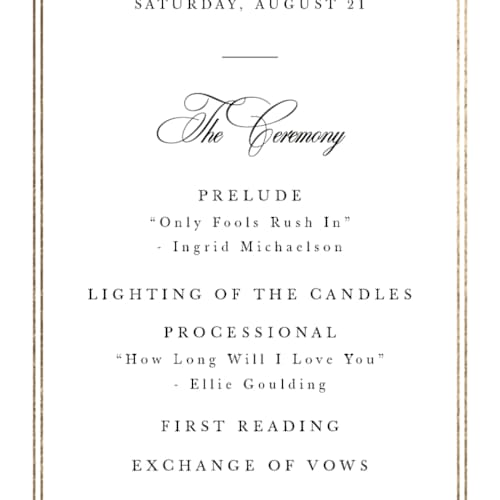 This is a snow unique wedding programs with foil pressed by Sarah Brown called traditionalist printing on signature in 4x9