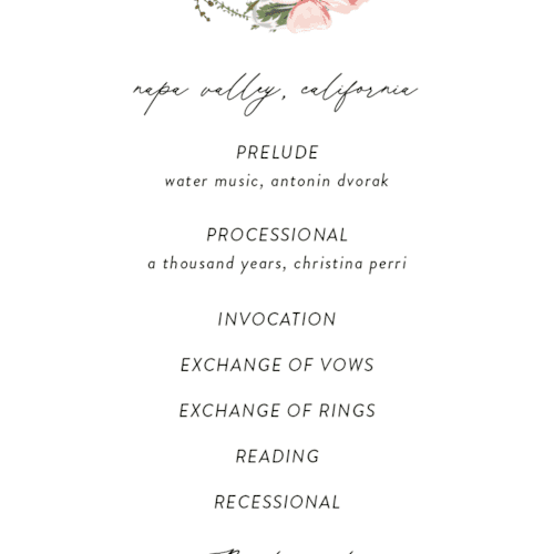 This is a peony unique wedding programs with foil pressed by Susan Moyal called timeless blooms printing on signature in 4x9