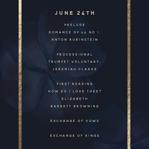 This is a jewel unique wedding programs with foil pressed by Susan Moyal called after midnight printing on signature in 4x9