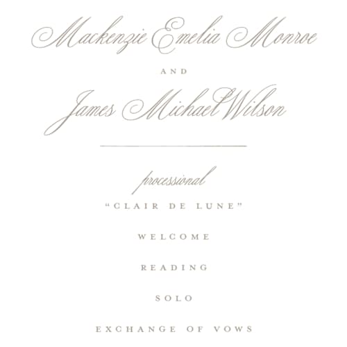 This is a chantilly unique wedding programs with foil pressed by Wildfield Paper Co called romantic wreath printing on signature in 4x9