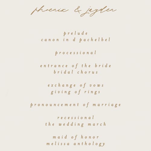 This is a greenery unique wedding programs with foil pressed by Phrosné Barwood called fresh tropical printing on signature in 4x9