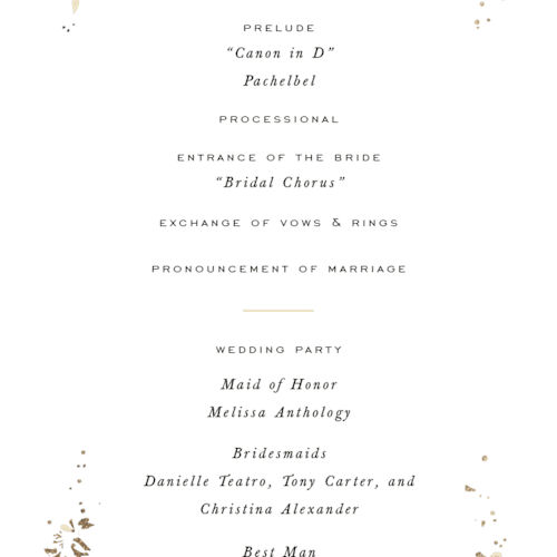 This is a honeysuckle unique wedding programs with foil pressed by Leah Bisch called heritage printing on signature in 4x9