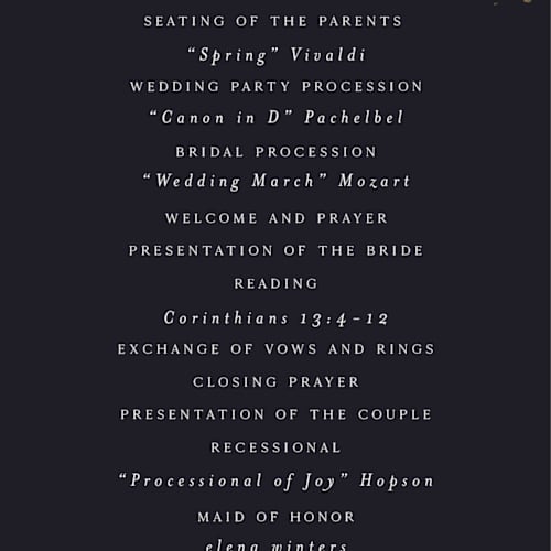 This is a midnight unique wedding programs with foil pressed by Grace Kreinbrink called vintage rose garden printing on signature in 4x9