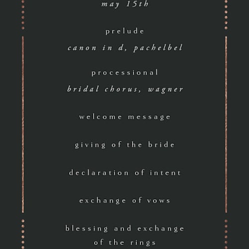 This is a onyx unique wedding programs with foil pressed by Ana de Sousa called gilded nouveau frame printing on signature in 4x9