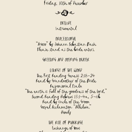 This is a ink wash unique wedding programs with foil pressed by Ani Somi called santa catalina printing on signature in 4x9