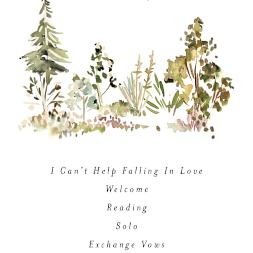 This is a forest unique wedding programs with foil pressed by Petra Kern called great outdoors printing on signature in 4x9