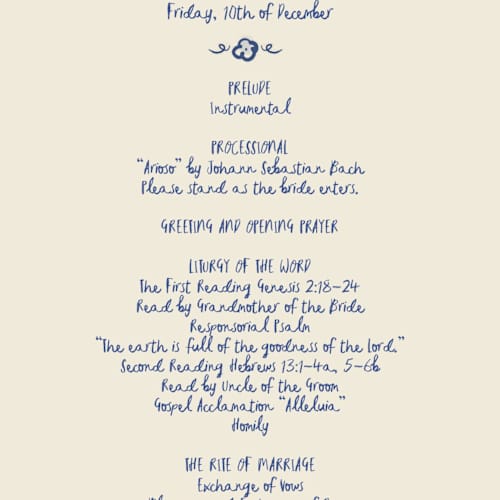 This is a marseille blue unique wedding programs with standard by Ani Somi called santa catalina printing on signature in 4x9