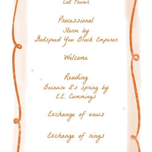 This is a flame unique wedding programs with standard by Pati Cascino called giardino printing on signature in 4x9