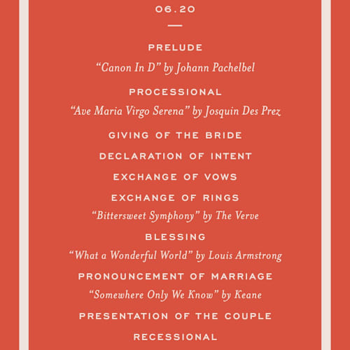 This is a verona sunset unique wedding programs with standard by Megan Davis called racquet printing on signature in 4x9