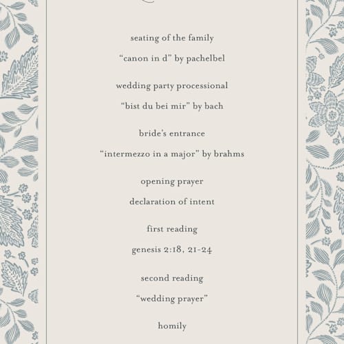 This is a dusty blue unique wedding programs with standard by Jen Owens called embroidered printing on signature in 4x9
