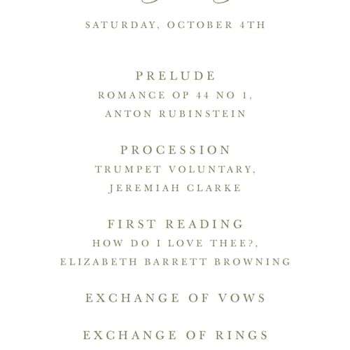 This is a moss unique wedding programs with standard by Cass Loh called watercolor flowers crest printing on signature in 4x9