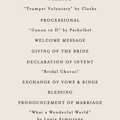 This is a linen unique wedding programs with standard by Vanessa Doyle called in love printing on signature in 4x9
