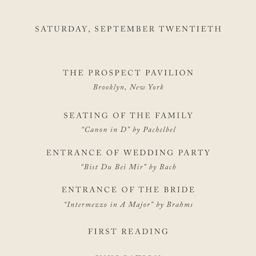 This is a oreo creme unique wedding programs with standard by Design Lotus called wonderful tonight printing on signature in 4x9