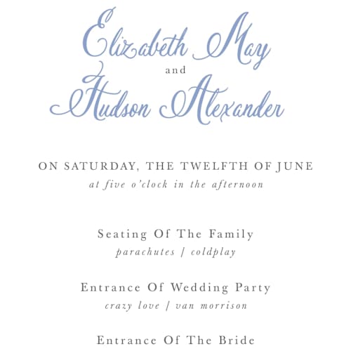 This is a periwinkle unique wedding programs with standard by Design Lotus called sweethearts printing on signature in 4x9