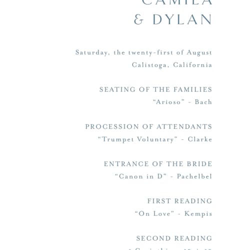 This is a dusty blue unique wedding programs with standard by Jennifer Postorino called graceful printing on signature in 4x9