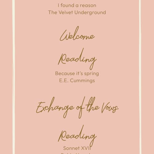 This is a butterscotch unique wedding programs with standard by Helena Vitto called handwritten letter printing on signature in 4x9