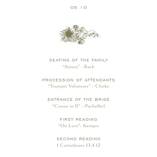 This is a verde unique wedding programs with standard by Megan Davis called rancho printing on signature in 4x9