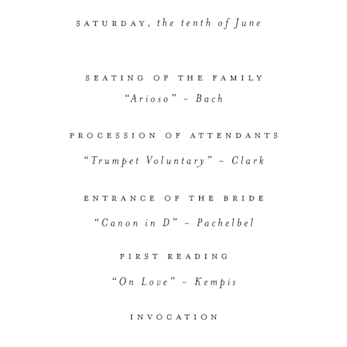 This is a classic white unique wedding programs with standard by Design Lotus called a thousand years printing on signature in 4x9