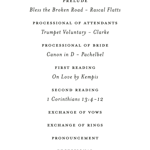 This is a cloud unique wedding programs with standard by Pine Street Creative called as if a dream printing on signature in 4x9