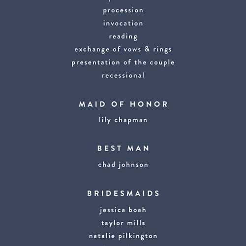 This is a navy unique wedding programs with standard by JoAnn Jinks called marked printing on signature in 4x9