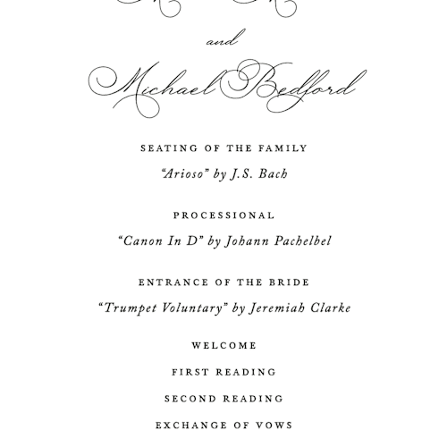 This is a pearl unique wedding programs with standard by Jennifer Postorino called initial printing on signature in 4x9