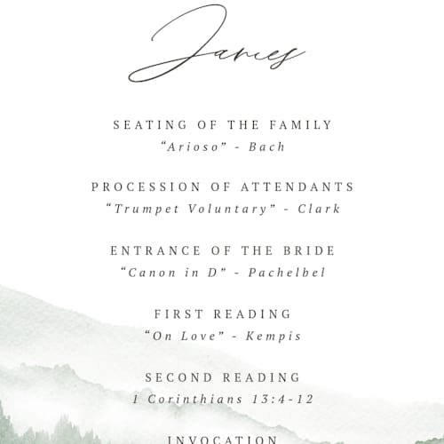 This is a fern unique wedding programs with standard by Helen Halik called over the mountains printing on signature in 4x9