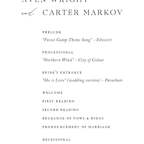 This is a ink unique wedding programs with standard by Jennifer Postorino called storybook printing on signature in 4x9